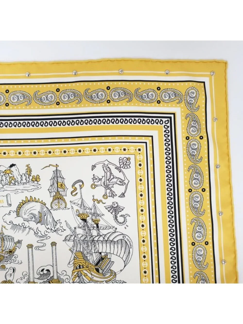 Hermes Heaven Carre 70 Cloete Sailor Tattoo Bandana Scarf Silk Yellow White